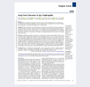 A document image for the CJASN publication on Long-Term Outcomes in IgA Nephropathy, titled 'RaDaR Reprint.'