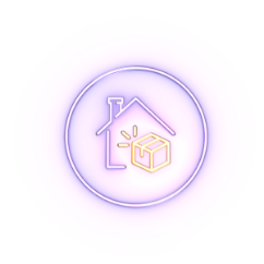 Icon of a house with a package, indicating delivery, shipment, or support access.