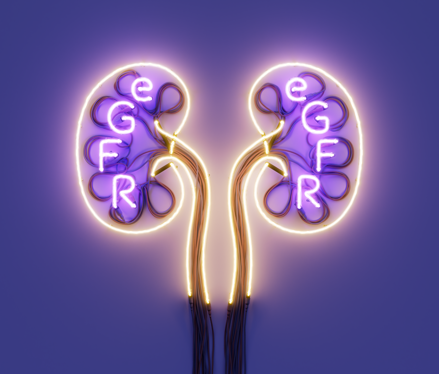 Image shows a stylized representation of two kidneys. Each kidney has the letters &quot;eGFR&quot; displayed within, with a glowing effect highlighting the importance of estimated glomerular filtration rate (eGFR) in kidney function. The background is purple, enhancing the focus on the kidneys and the eGFR lettering.