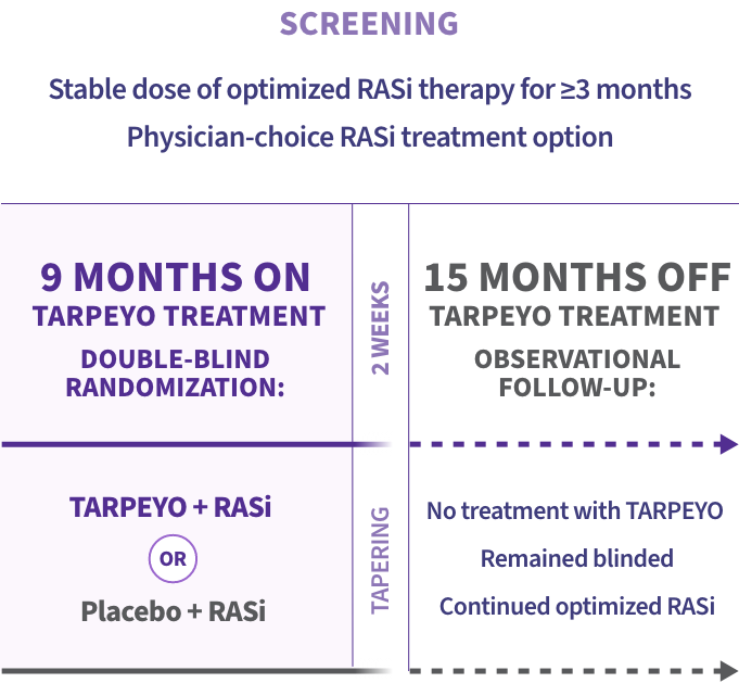 This diagram outlines the study design. The study includes a screening phase, 9 months on TARPEYO treatment, and a 15-month observational follow-up off TARPEYO treatment. During screening, patients receive optimized RASi therapy for at least 3 months. Patients are then randomized into two groups: TARPEYO + RASi (purple arrow) or RASi + placebo (grey arrow) for 9 months. Following treatment, there is a 15-month follow-up where patients receive no TARPEYO treatment but continue optimized RASi therapy.