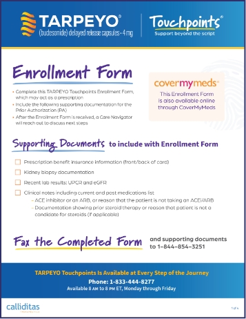 Image of the TARPEYO enrollment form, highlighting the steps for completion, including supporting documents to submit and faxing instructions. The form also includes a CoverMyMeds option for electronic submission.